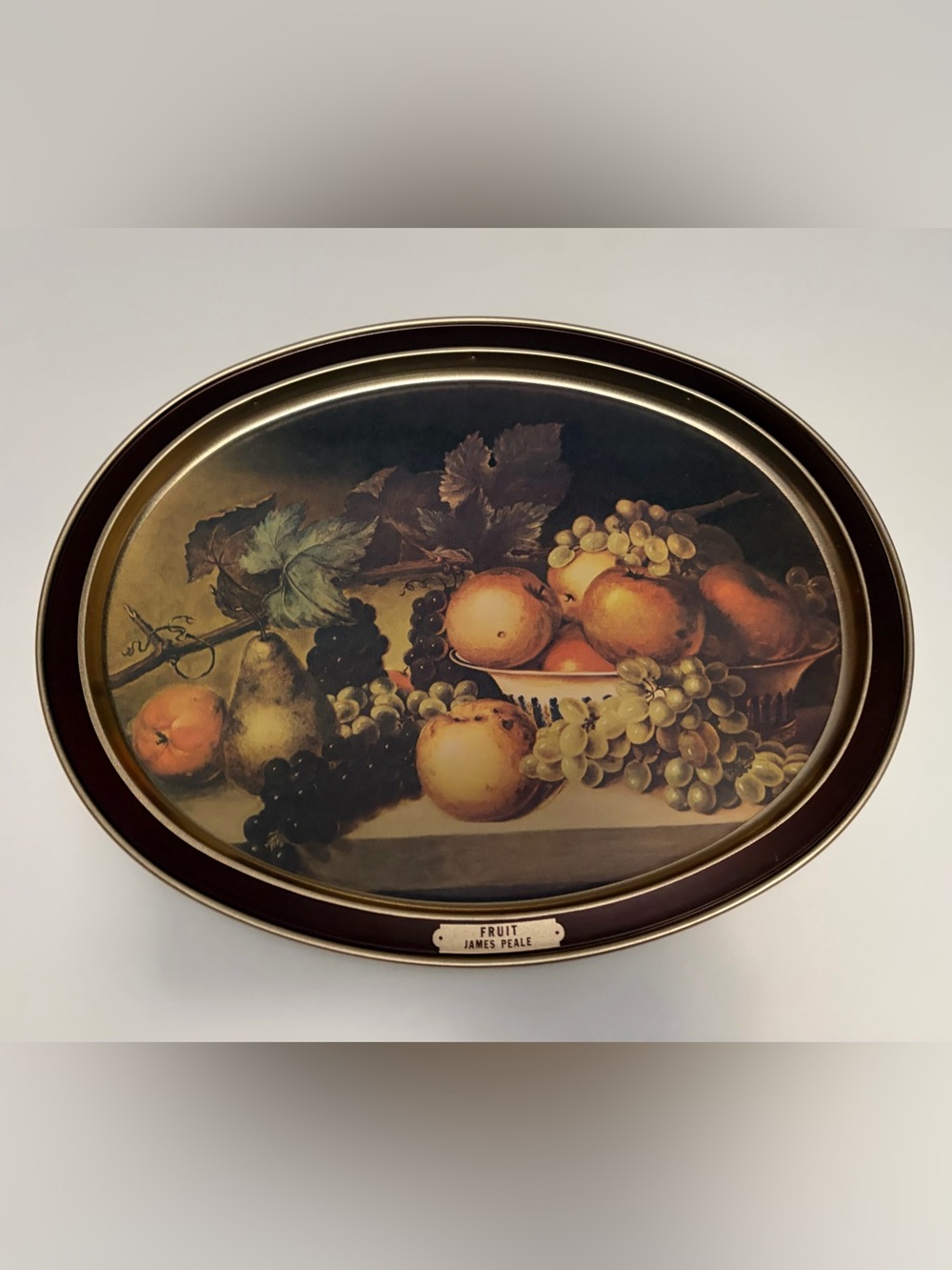 Sunshine Biscuits tin tray with fruit painting by James Peale